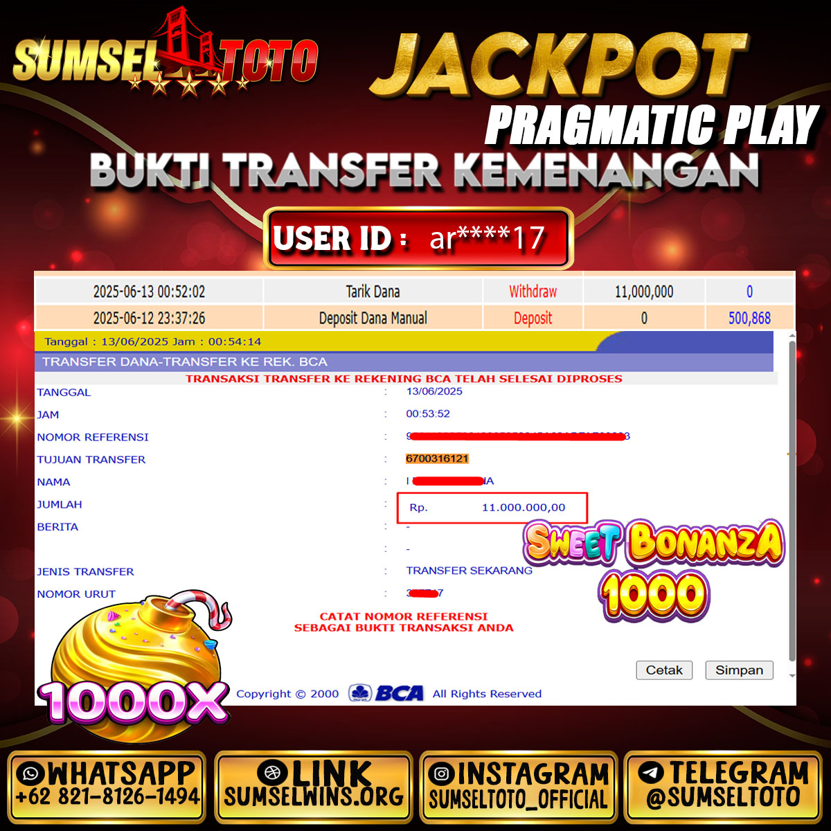 SUMSELTOTO JACKPOT SWEET BONANZA 1.000 Rp.11,000,000.,- LUNAS